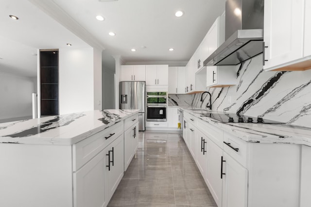 4474 Foxtail Ln, Weston, FL 33331 - kitchen featuring wall chimney exhaust hood, stainless steel appliances, recessed lighting, a sink, and a center island