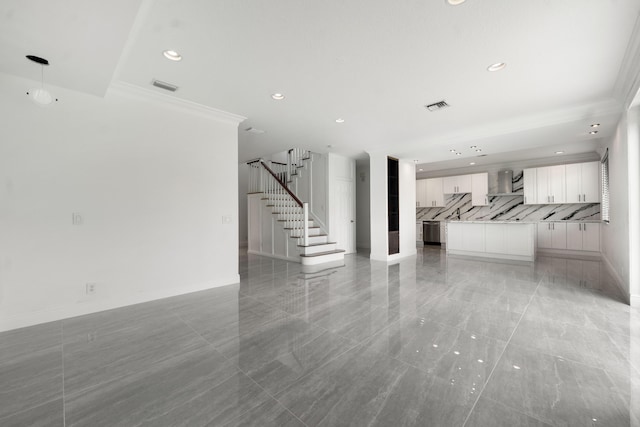 4474 Foxtail Ln, Weston, FL 33331 - unfurnished living room with stairway, ornamental molding, recessed lighting, and light tile patterned floors