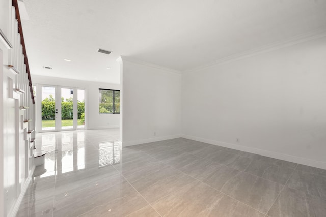 4474 Foxtail Ln, Weston, FL 33331 - empty room featuring crown molding, french doors, baseboards, and light tile patterned flooring