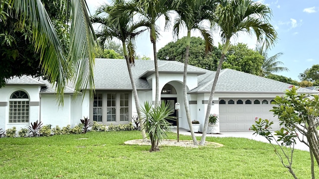 2707 SE Rawlings Rd, Port Saint Lucie, FL 34952 - ranch-style home with stucco siding, an attached garage, a front lawn, and a shingled roof