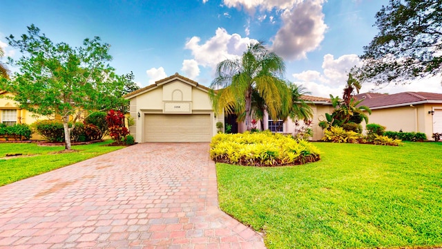 11206 SW Apple Blossom Trl, Port Saint Lucie, FL 34987 - view of front of property with stucco siding, decorative driveway, a garage, and a front yard