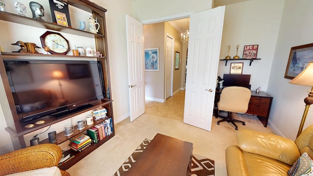 11206 SW Apple Blossom Trl, Port Saint Lucie, FL 34987 - home office featuring a chandelier, carpet floors, and baseboards
