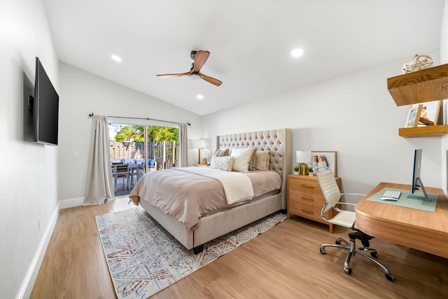 2540 NW 80th Ave, Margate, FL 33063 - bedroom featuring access to exterior, baseboards, light wood-type flooring, vaulted ceiling, and a ceiling fan