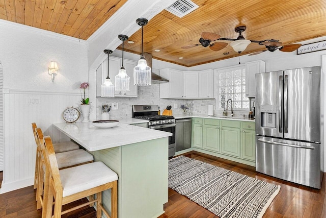 722 Valley Forge Rd, West Palm Beach, FL 33405 - kitchen featuring stainless steel appliances, green cabinetry, wooden ceiling, a sink, and a peninsula