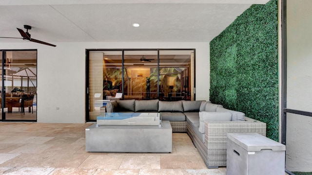 7245 Montrico Dr, Boca Raton, FL 33433 - living room with a ceiling fan and light stone finish floors