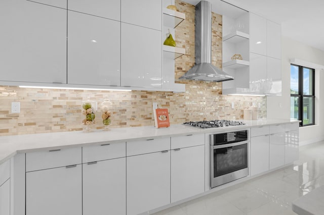 17112 Aquavera Way, Boca Raton, FL 33496 - kitchen with oven, open shelves, wall chimney range hood, and modern cabinets