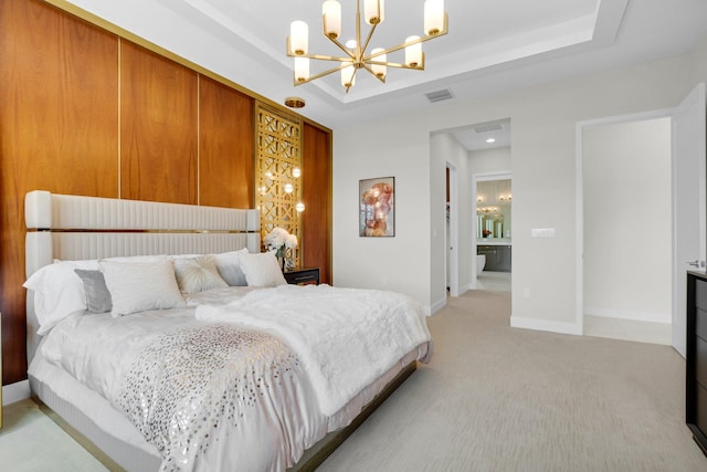 17112 Aquavera Way, Boca Raton, FL 33496 - bedroom with a chandelier, a raised ceiling, light colored carpet, and baseboards