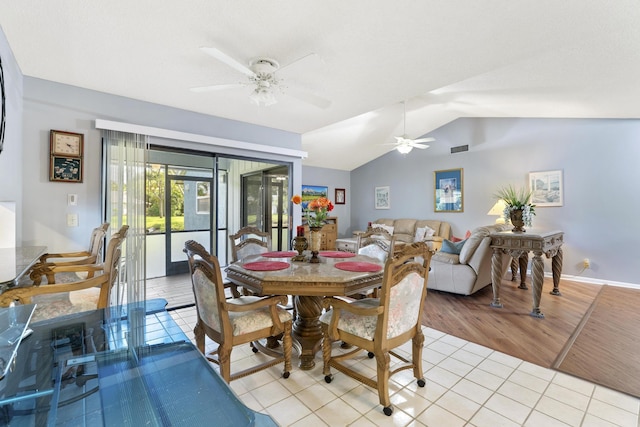 6166 Brandon St, Palm Beach Gardens, FL 33418 - dining space featuring ceiling fan, lofted ceiling, and light tile patterned floors