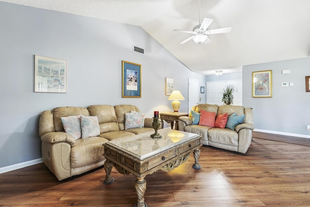 6166 Brandon St, Palm Beach Gardens, FL 33418 - living area with lofted ceiling, ceiling fan, baseboards, and wood finished floors
