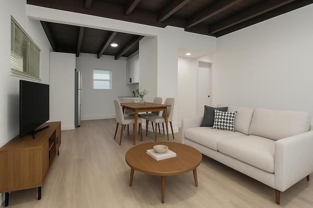 14215 NW 22nd Ct, Opa-Locka, FL 33054 - living room featuring light wood finished floors, wood ceiling with exposed beams, baseboards, and recessed lighting