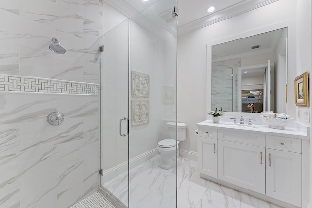 7703 Bold Lad Rd, Palm Beach Gardens, FL 33418 - bathroom with crown molding, a marble finish shower, marble finish flooring, vanity, and toilet