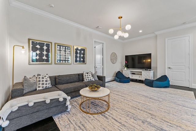 7703 Bold Lad Rd, Palm Beach Gardens, FL 33418 - living room with a chandelier, ornamental molding, baseboards, and wood finished floors