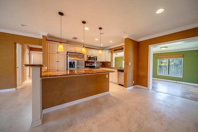 1950 N Conference Dr, Boca Raton, FL 33486 - kitchen with appliances with stainless steel finishes, a sink, baseboards, backsplash, and crown molding
