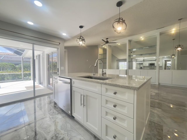6503 Geminata Oak Ct, Palm Beach Gardens, FL 33410 - kitchen with a sink, stainless steel dishwasher, light marble finish floors, plenty of natural light, and recessed lighting