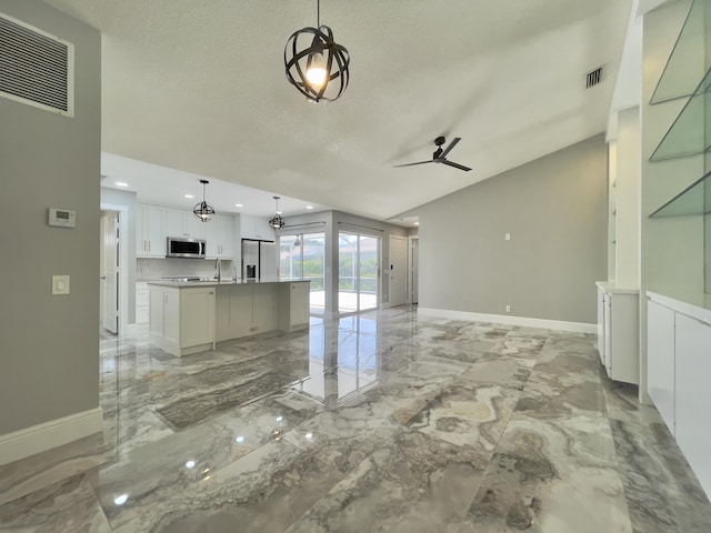 6503 Geminata Oak Ct, Palm Beach Gardens, FL 33410 - unfurnished living room featuring ceiling fan, light marble finish floors, a textured ceiling, baseboards, and recessed lighting