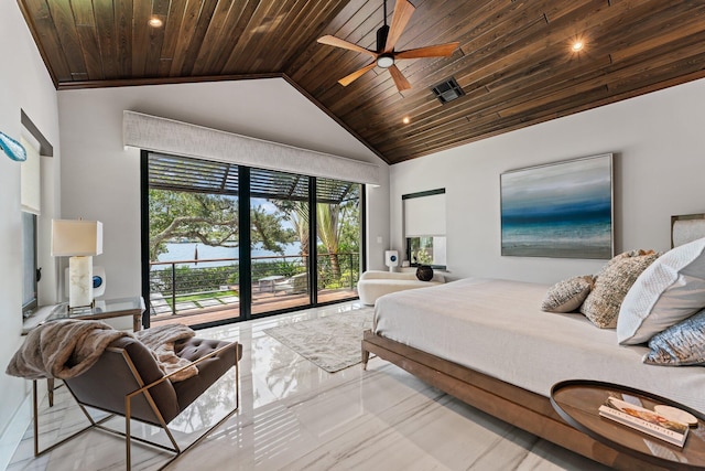 5488 Pennock Point Rd, Jupiter, FL 33458 - bedroom with wooden ceiling, access to outside, lofted ceiling, marble tiled flooring, and ceiling fan