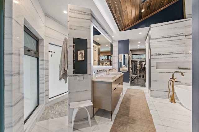 5488 Pennock Point Rd, Jupiter, FL 33458 - full bathroom with wooden ceiling, vanity, recessed lighting, a freestanding bath, and lofted ceiling