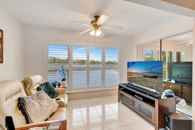 5746 Crystal Shores Dr Unit 206, Boynton Beach, FL 33437 - living area featuring ceiling fan and light tile patterned floors