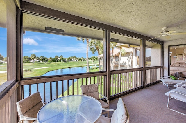 19411 Sabal Lake Dr Unit 5018, Boca Raton, FL 33434 - sunroom with a water view, a ceiling fan, outdoor dining space, and golf course view