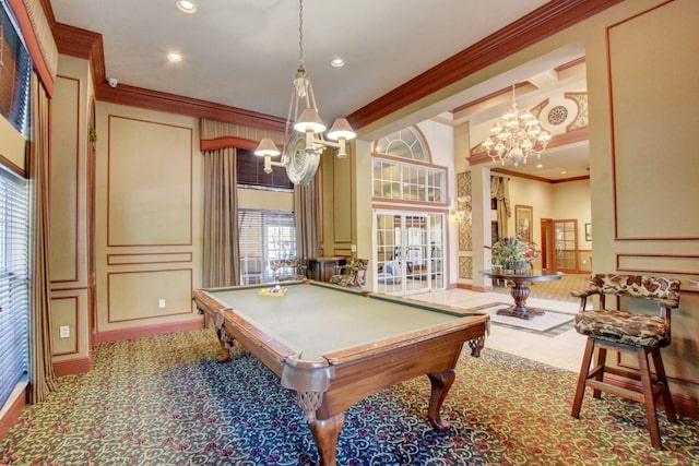 700 Scotia Dr Unit 202, Hypoluxo, FL 33462 - rec room with a chandelier, crown molding, a decorative wall, recessed lighting, and billiards table
