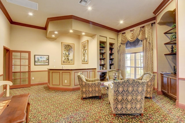 700 Scotia Dr Unit 202, Hypoluxo, FL 33462 - living area with ornamental molding, carpet floors, built in shelves, recessed lighting, and baseboards