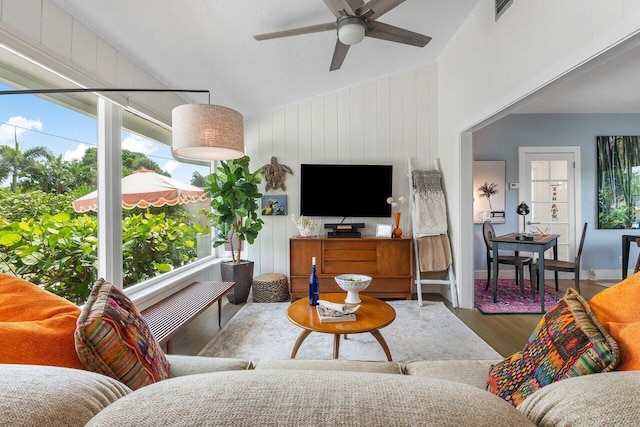 164 Bryn Mawr Dr, Lake Worth Beach, FL 33460 - living area with wood finished floors, a ceiling fan, and lofted ceiling