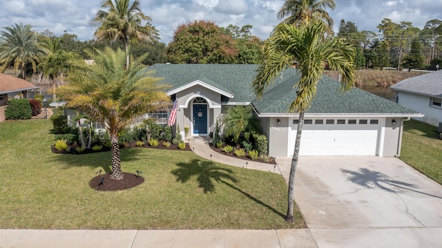 143 Monterey Way, Royal Palm Beach, FL 33411 - ranch-style house with concrete driveway, an attached garage, stucco siding, and a front lawn
