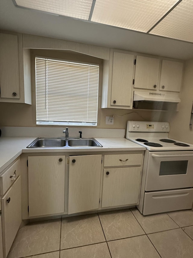 2842 Crosley Dr W Unit B, West Palm Beach, FL 33415 - kitchen featuring electric stove, under cabinet range hood, a sink, light countertops, and light tile patterned floors