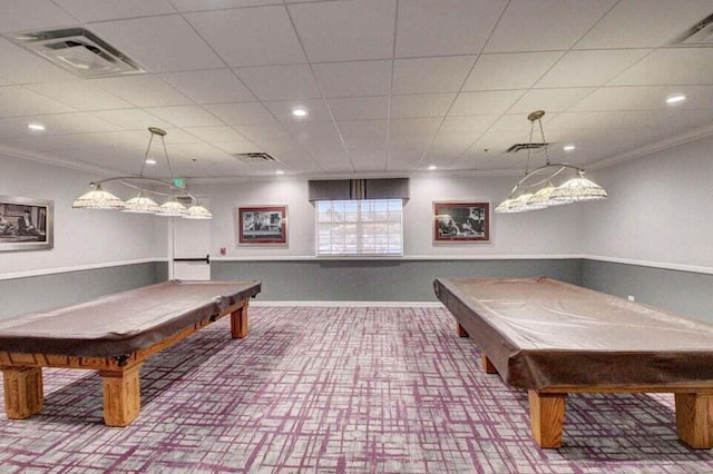 7886 Laina Ln Unit 2, Boynton Beach, FL 33437 - rec room featuring pool table, ornamental molding, recessed lighting, carpet floors, and baseboards