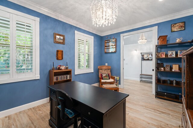 10 Copaire Rd, Sewalls Point, FL 34996 - home office with a chandelier, healthy amount of natural light, light wood-style floors, baseboards, and ornamental molding