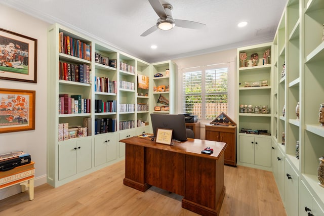 10 Copaire Rd, Sewalls Point, FL 34996 - home office with light wood-style floors, a ceiling fan, crown molding, and recessed lighting
