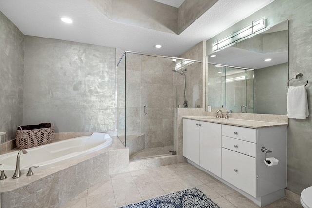 701 S Olive Ave Unit 923, West Palm Beach, FL 33401 - full bath featuring a bath, a shower stall, vanity, tile patterned flooring, and recessed lighting