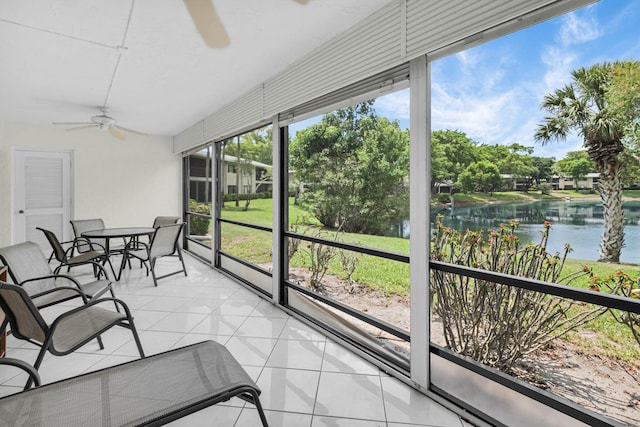 12 Westgate Ln Unit C, Boynton Beach, FL 33436 - sunroom / solarium featuring a ceiling fan, a water view, and plenty of natural light