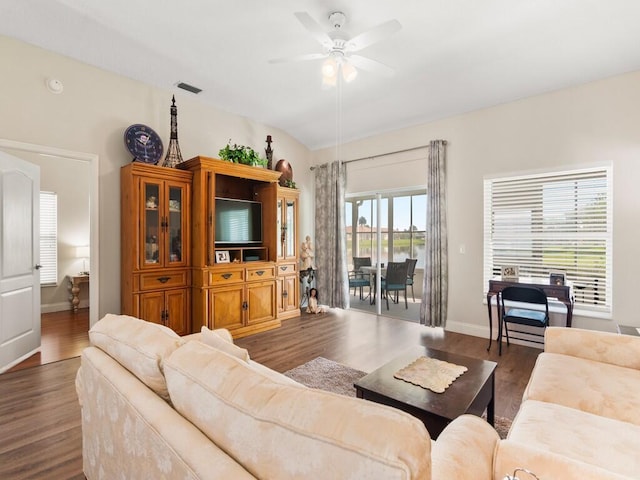 470 NW Gibraltar Ct, Port Saint Lucie, FL 34986 - living room featuring ceiling fan, dark wood-style floors, and baseboards