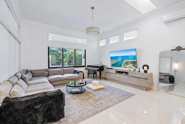 125 Pembroke Dr, Palm Beach Gardens, FL 33418 - living room featuring a wall mounted air conditioner, crown molding, a towering ceiling, and a skylight