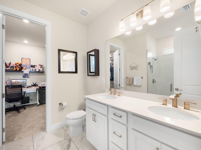 10621 SW Morning Glory Dr, Port Saint Lucie, FL 34987 - bathroom with a shower stall, double vanity, toilet, marble finish flooring, and baseboards