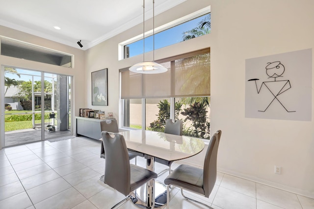 7181 Veneto Dr, Boynton Beach, FL 33437 - dining area with plenty of natural light, light tile patterned flooring, ornamental molding, a high ceiling, and baseboards