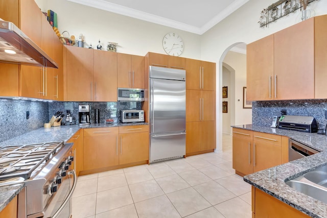 7181 Veneto Dr, Boynton Beach, FL 33437 - kitchen with high end appliances, under cabinet range hood, dark stone countertops, ornamental molding, and tasteful backsplash