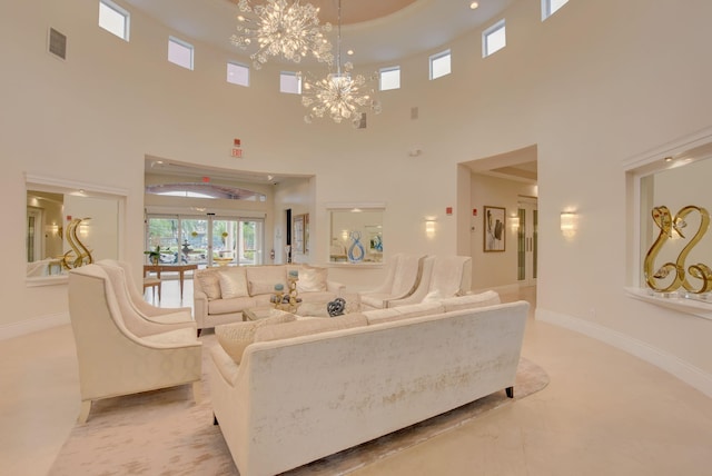 7181 Veneto Dr, Boynton Beach, FL 33437 - living area featuring a chandelier, a high ceiling, and baseboards