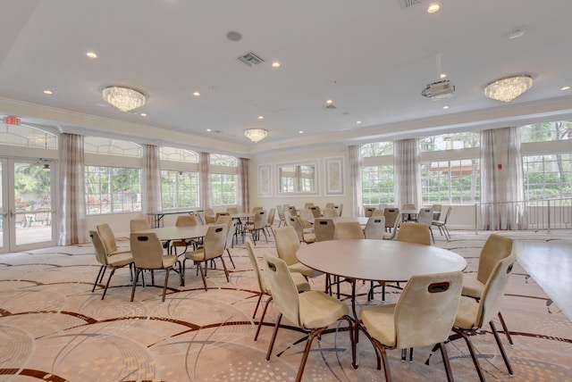 7181 Veneto Dr, Boynton Beach, FL 33437 - dining room featuring crown molding, plenty of natural light, french doors, and recessed lighting
