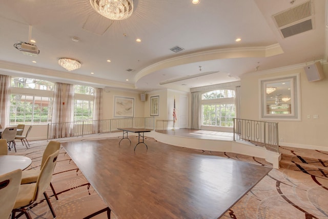 7181 Veneto Dr, Boynton Beach, FL 33437 - rec room featuring ornamental molding, recessed lighting, plenty of natural light, a tray ceiling, and a chandelier