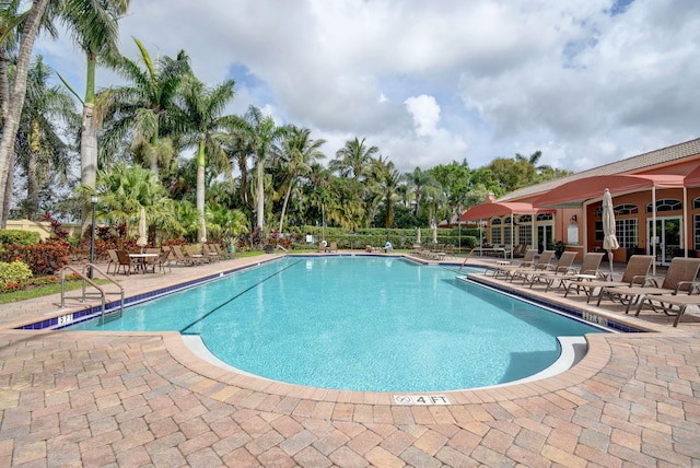 7181 Veneto Dr, Boynton Beach, FL 33437 - community pool featuring a patio and view of wooded area