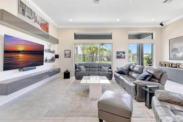 7181 Veneto Dr, Boynton Beach, FL 33437 - living area featuring ornamental molding, light tile patterned flooring, and recessed lighting