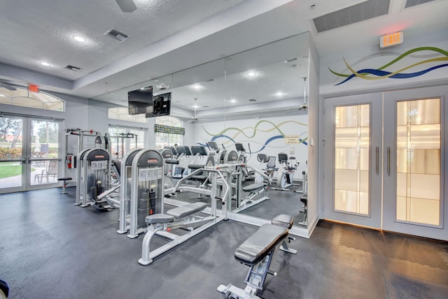 7181 Veneto Dr, Boynton Beach, FL 33437 - exercise room with french doors, a ceiling fan, a textured ceiling, and recessed lighting
