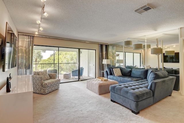 18 Westgate Ln Unit 18F, Boynton Beach, FL 33436 - living room with carpet, a textured ceiling, and rail lighting