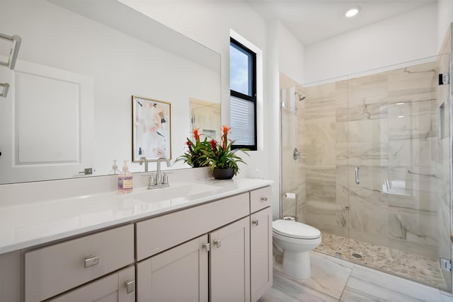 7102 Rockwood Rd, Jupiter, FL 33458 - full bath featuring vanity, toilet, a stall shower, marble look tiles, and recessed lighting