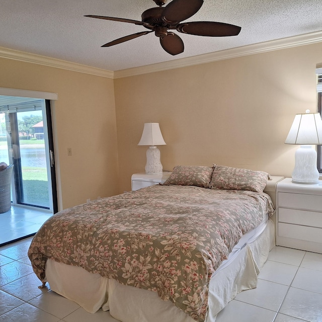 10231 N Circle Lake Dr Unit 101, Boynton Beach, FL 33437 - tiled bedroom with access to outside, a textured ceiling, crown molding, and ceiling fan
