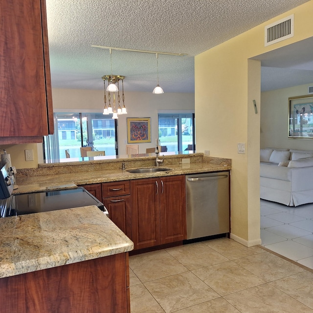 10231 N Circle Lake Dr Unit 101, Boynton Beach, FL 33437 - kitchen featuring stainless steel dishwasher, range with electric stovetop, a peninsula, light stone countertops, and a textured ceiling