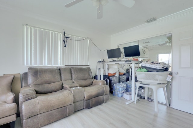 1855 Lotus Ln, Wellington, FL 33414 - living area featuring ceiling fan, ornamental molding, and wood finished floors
