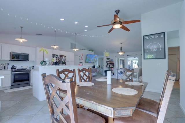 1855 Lotus Ln, Wellington, FL 33414 - dining space featuring light tile patterned floors, ceiling fan, high vaulted ceiling, and recessed lighting